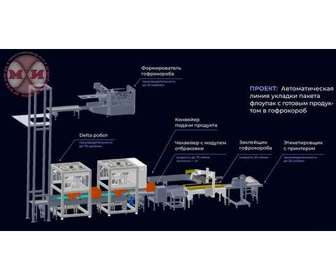 Автоматическая линия укладки пакета флоупак с готовым продуктом в гофрокороб (АЛФлоуГ)
